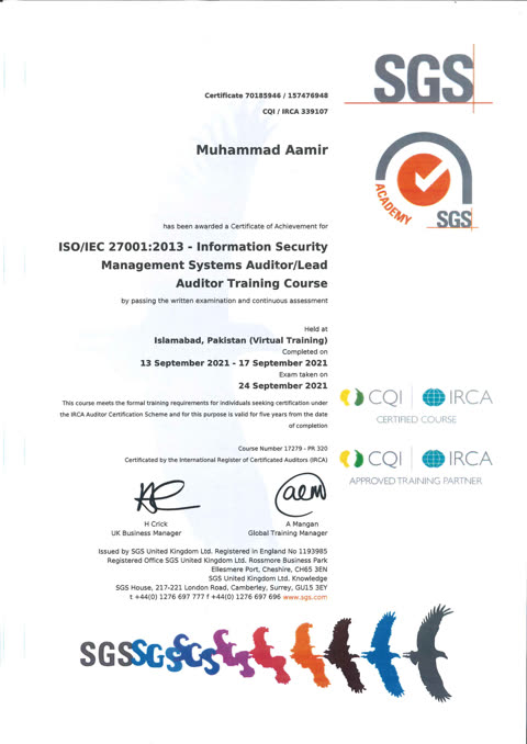 ISO 27001 Lead Auditor certificate
